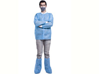 Disposable unisex short lab coat with knitted/ elastic cuffs and collar
